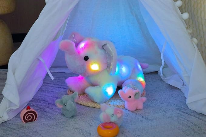 Hopearl LED Musical Stuffed Colorful Elephant Light up Singing Plush Toy Playset Mommy Elephant with 3 Baby Elephish in her Tummy Adjustable Volume Lullaby Animated Soothe Gifts for Kids, 18''