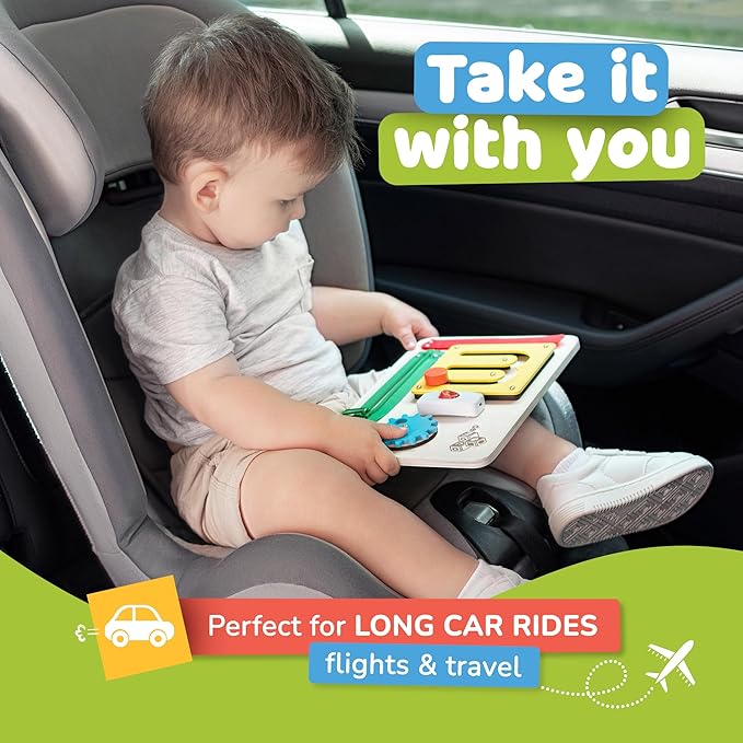 deMoca Sensory Busy Board for Toddlers, Premium Wooden Toddler Busy Board for 1 2 3 Year Old with 10 Educational Activities for Fine Motor Skills, Fidget Activity Toy for Travel Toy (Color)