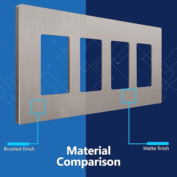 LIDER Brushed Finish Decorator Switch Cover, Screwless Wall Plate, Mid-Size 4-Gang 4.88" x 8.58", Unbreakable Polycarbonate Thermoplastic, UL Listed, LSWP-34M-BNK, Brushed Nickel