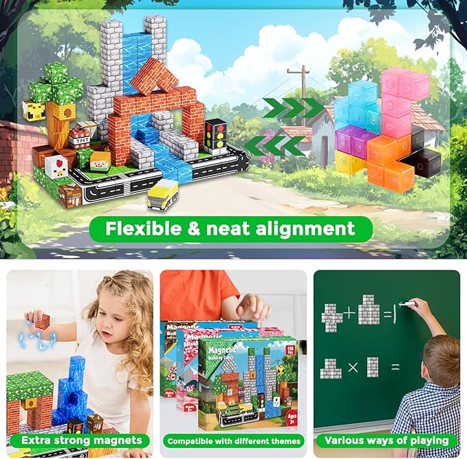 Magnetic Blocks - 150PCS Magnetic Building Blocks Road Forest Magnetic Cubes - Magnetic Toys for Montessori Toddler Birthday Gifts -STEM Sensory Construction Toys for Kids Ages 3+ for Boy & Girl