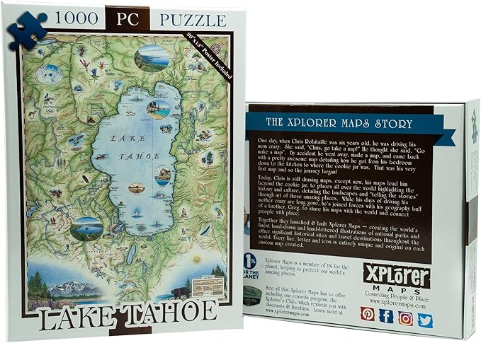 Lake Tahoe Map Cardboard Jigsaw Puzzle - 1000 Pieces, Hand-Illustrated - Educational, Family Activity, Ages 7+, Includes Poster - 25.4 x 19.8