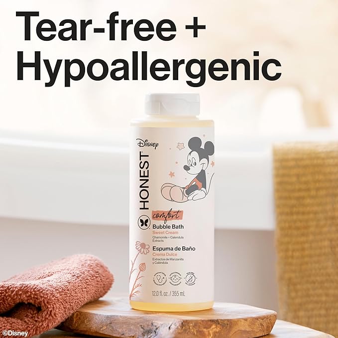 The Honest Company Foaming Bubble Bath | Gentle Enough for Baby | Dermatologist Tested, Tear-Free, Hypoallergenic | Disney’s Mickey Mouse Comfort Sweet Cream, 12 fl oz