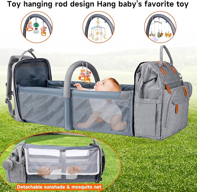 Baby Diaper Bags with Changing Station, Large Capacity Diaper Bag Backpack for Moms Dads with USB Charging Port,Travel Baby Bag with Pacifier Case & Stroller Straps(Up-Grey)