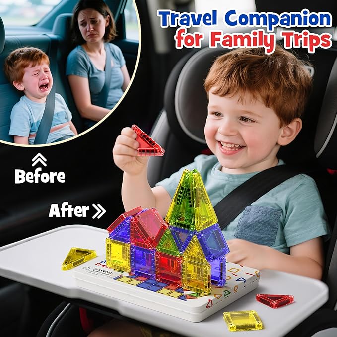 Mini Magnetic Tiles for Kids Travel - 40pcs STEM Building Blocks with Visual Storage Guide & Metal Box Play Base, Toddler Airplane Activities Toys for Ages 3-5,4-8, Compact Travel Toys