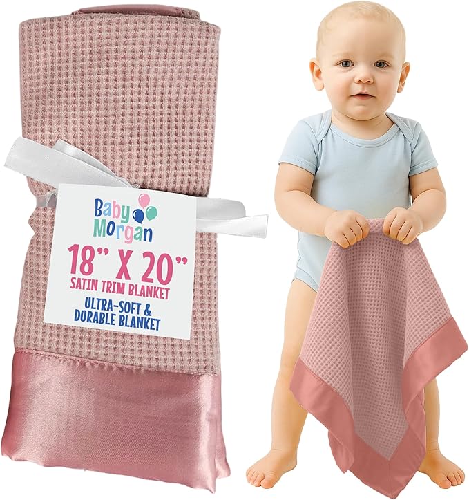 Thermal Waffle Knit Baby Blanket - Soft Breathable Mini Blanket for Newborns and Infants - Toddler Blankey for Strollers, Travel, Naptime, Nursery and More - 18" x 20" (Pink, Satin Trim)