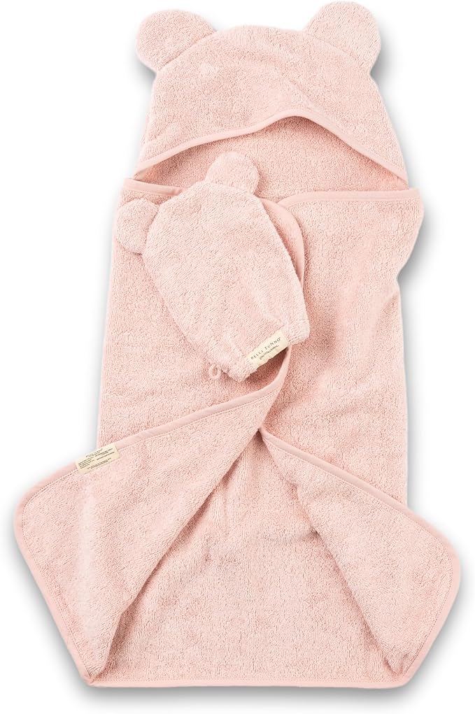 Bella Tunno Baby Bath Towel and Wash Mitt Set – Soft Absorbent Hooded Towels and Mitt-Style Baby Washcloths, Oeko-TEX Certified (Blush)