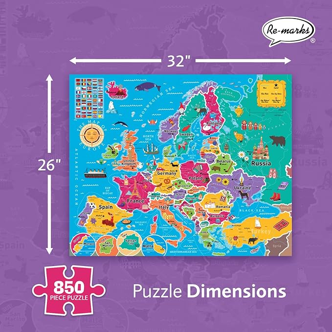 Re-marks Map of Europe Deluxe Jigsaw Puzzle with Whimsy Pieces - All Ages