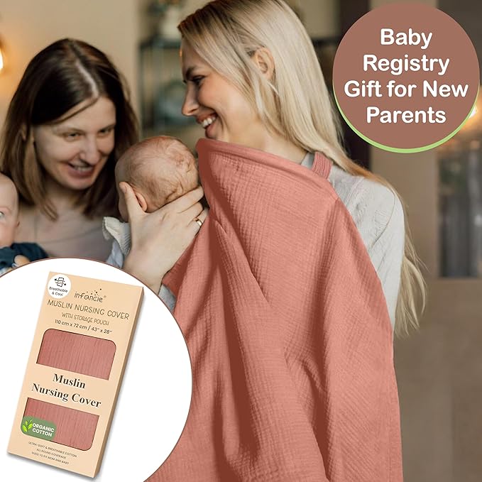 Premium Organic Breathable Muslin Nursing Cover for Breastfeeding - Privacy Breast Feeding Covers for Women - Multi-Use Nursing Cover Up - Soft & Lightweight Breastfeeding Covers (Rust)
