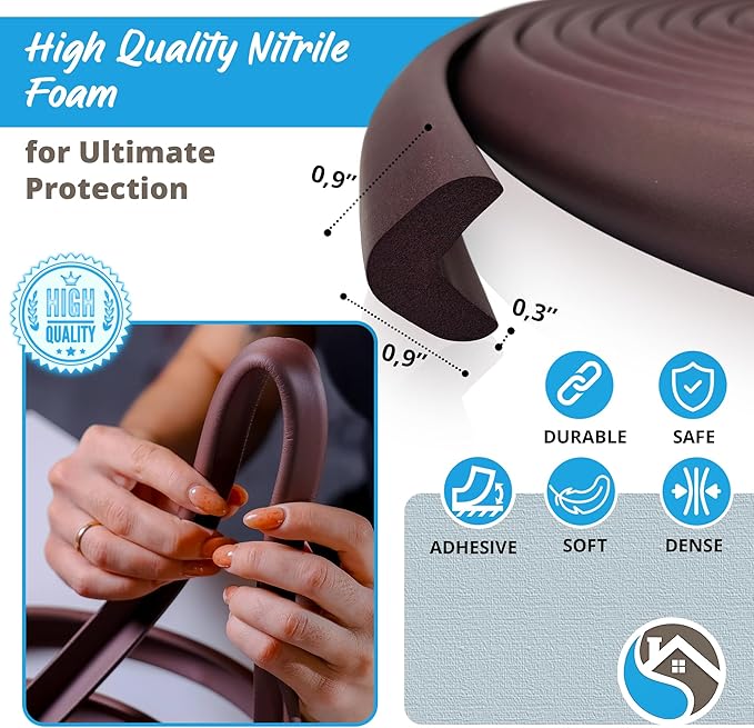 Premium 12ft Edge Protector for Baby, Odorless & Waterproof Edge Protector with 3M Adhesive Tape, Non-Toxic to Baby Proof Corners and Edges, Wall Corner Protector & Desk Edge Cushion Brown