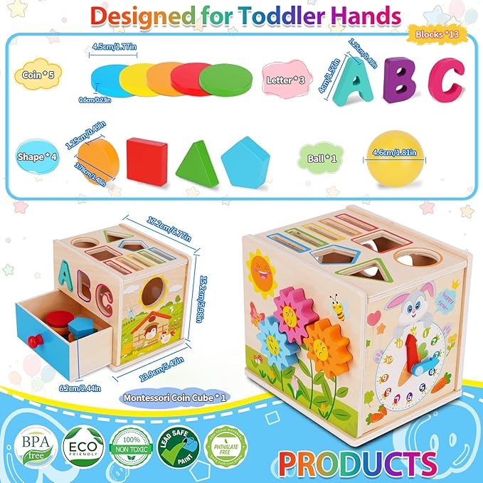 FCSONU Toddlers Montessori Toys for 1 2 3 Year Old Boys Girls, Wooden Baby Montessori Coin Box Toys for Toddlers 1-3, Shape Sorting Sensory Toys for Ages 2-3, Christmas & 1st Birthday Gifts for Kids