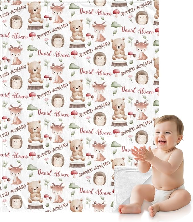 Ship Next Day, Personalized Baby Blanket for Boys Girls - Printed in USA, Custom Name Toddler Blanket with Deer Pattern, Perfect Newborn Gift