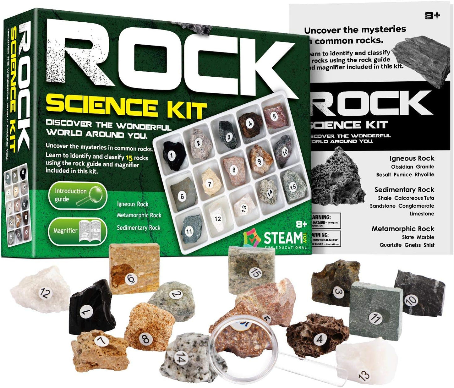 XXTOYS Rock & Stone Collection 15 PCS with Collector Box, STEM Toy Science Kit Geology Mineral Specimens Gift Presents for Kid Geologists