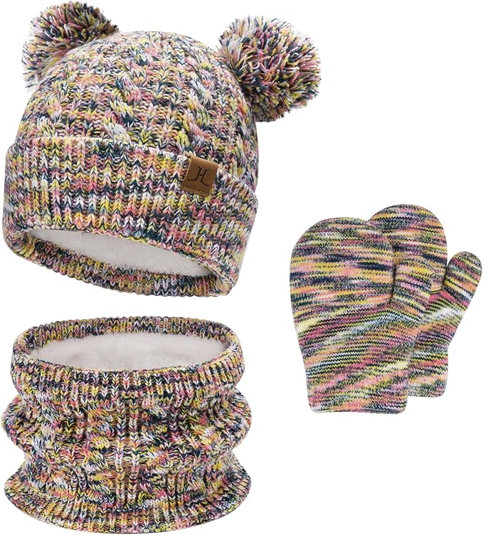 Kids Toddlers Winter Beanie Hats Gloves Neck Scarf Set Mittens Gifts for 0 6 12 Months 1 2 3 4-8 Year Old Baby Girls Boys
