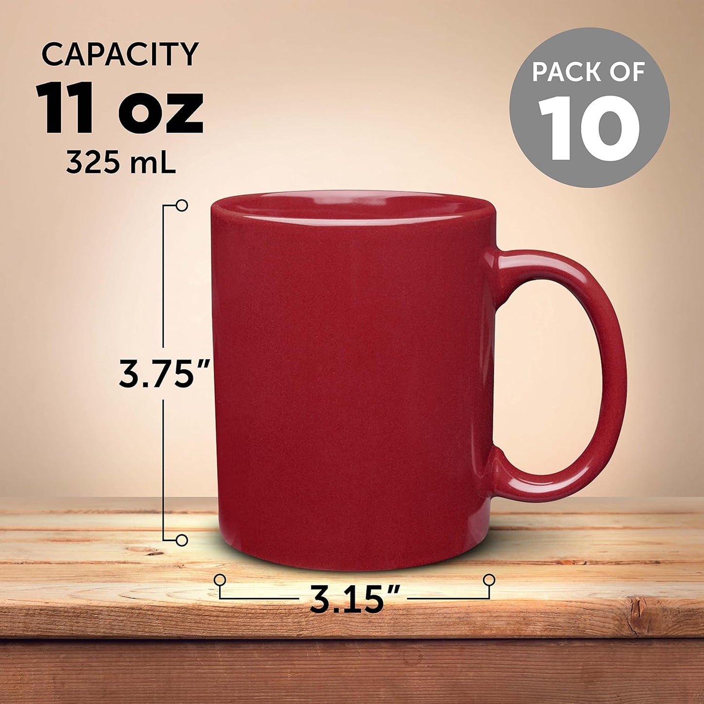 DISCOUNT PROMOS Ceramic Coffee Mugs 11 oz. Set of 10, Bulk Pack - Coffee cup set, Iced coffee cup, Gaming mug - Red