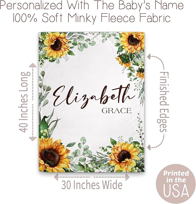 Girls Love A Monogram - Personalzied Custom Floral Baby Blankets for Girls with Name - Personalized Girl Shower Gifts (Sunflower 2, 30 X 40 Baby)