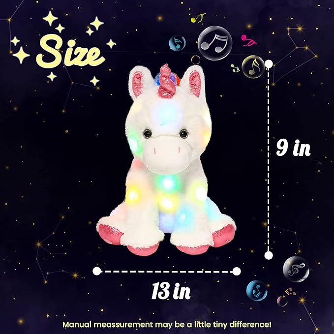 Hopearl LED Musical Stuffed Unicorn Light up Singing Plush Toy Adjustable Volume Lullaby Animated Soothe Birthday Festival for Kids Toddler Girls, White, 13''