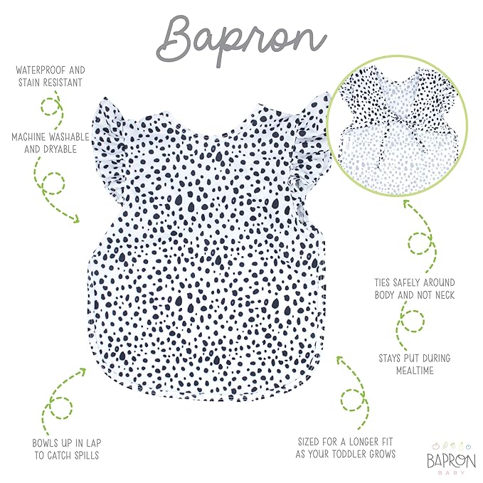 BapronBaby Flutter Organic Dot Bapron - No Neck Tie Safer Bib for Baby & Toddler - Soft Waterproof Stain Resistant - Machine Washable - Sz Preschool 3-5yrs