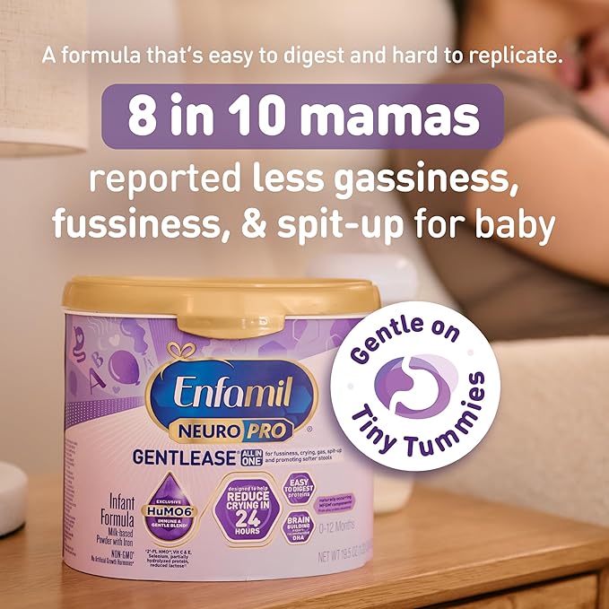 Enfamil NeuroPro Gentlease for easing Fussiness, Crying, Gas, Spit-up in 24 Hrs, Smaller Proteins for Easy Digestion, Brain Supporting DHA, HuMO6* Immune Blend, Baby Formula, 19.5 Oz, 4 Count