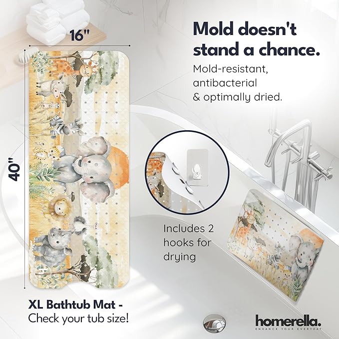 Homerella Baby Bath Tub Mat | Anti Mold Mildew Resistant Non Slip Kids and Adult Bath Tub Shower Mats | 40x16 inch Long with Suction Cups for Secure Grip Hooks for Storage & Drying | Machine Washable