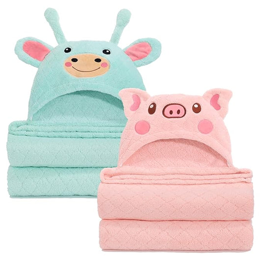 Baby Hooded Towel Toddlers, 50 x 32 Inch Large Toddler Towel Hooded Set,2-Pack Thick Animal Bath Towels,Ultra Absorbent for Kids Cozy and Warm-Bath Essential Green Giraffe and Pink Pig