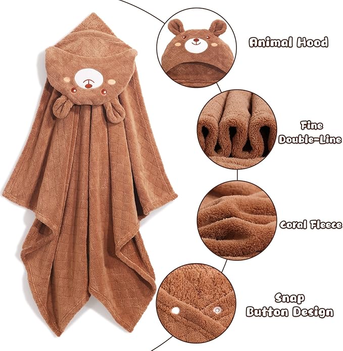 Toddler Towels for Boy 1-5,2 Pack 50" x 32" Baby Hooded Towel Boys, Ultra Thick and Soft Absorbent for Kids Cozy and Warm,Bath Essential for Newborn, Infant, Brown Bear& Gray Unicorn