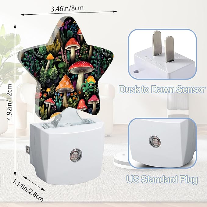 Mushroom Forest Nightlight,Cute Floral Plant Star Night Lights Plug into Wall Decorations for Bedroom Bathroom,Dusk to Dawn Sensor Kitchen Hallway Stairs Energy Efficient Desk Lamp