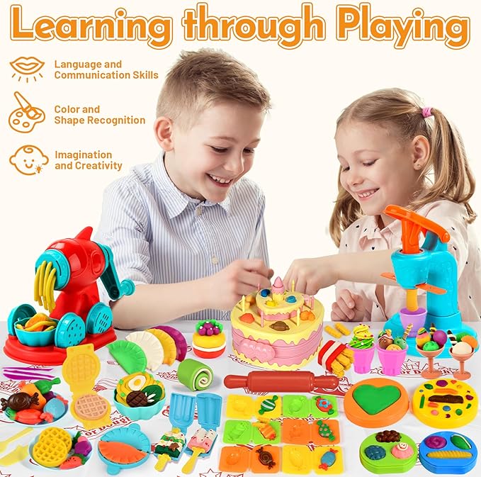 61 PCS 3 in 1 Dough Sets for Kids Ages 3-4-8, Art Crafts Dough Tools Kit, Ice Cream Playset Noodle Cake Maker Machine, Kitchen Creations Food Play Toys Toddlers Boys Girls