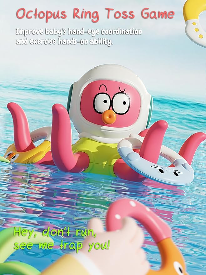 Octopus Ring Toss Bath Toy, Bathtub Ring Toss Game Interactive Sensory Toy with 5 Rings-Octopus, Crab, Pufferfish, Seal and Manta Ray