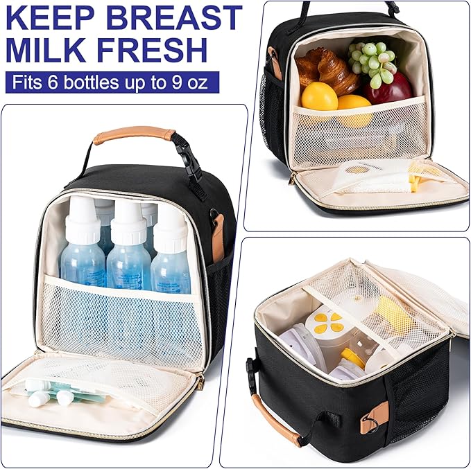 Baby Bottle Cooler Bag with Ice Pack, Breastmilk Cooler Bag Fits 6 Baby Bottle Up to 9 Oz, Insulated Bottle Bag with Should Straps for Travel & Work, Black