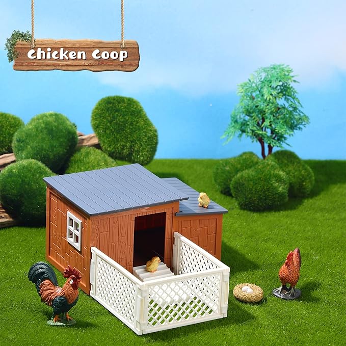 Skylety 9 Pieces Easter Chicken Figurine Chicken Model Playset Farm Action Figures Fences Around Building Blocks Farm Coop Set Birthday Party Present Animal Christmas Easter Gift