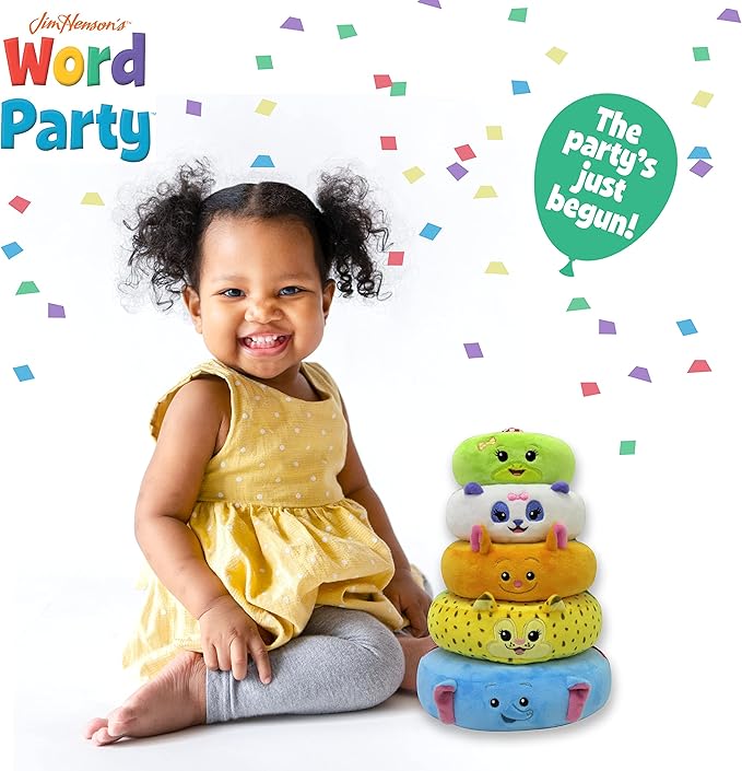 Word Party Plush Stacking Toy- Stack and Sort Colorful Word Party Characters- Encourages Hand-Eye Coordination and Motor Skills for Babies and Toddlers
