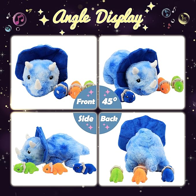 Hopearl LED Musical Stuffed Dinosaur Playset Lighting Up Singing Plush Toy Mommy Triceratops with 3 Babies in her Tummy Adjustable Volume Lullaby Animated Soothe Gifts for Toddlers Boys, Blue, 15”