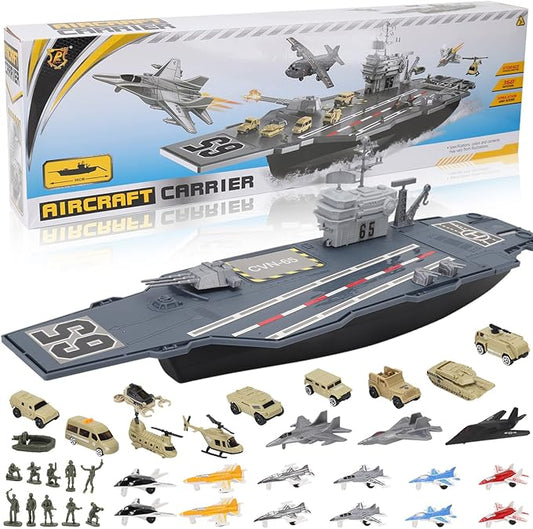 33-Inch Aircraft Carrier Mega Playset - Ultimate Military Battle Set for Boys with Realistic Battleship, Fighter Jets, Toy Soldier Figures, Military Vehicles for Kids Imaginary Pretend Play