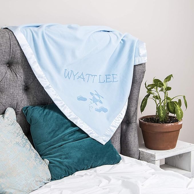 Custom Catch Ships Next Day - Vermont Workshop - Personalized Airplane Baby Blanket - Boy Name Gift - Blue or Pink (1 Text LIne)