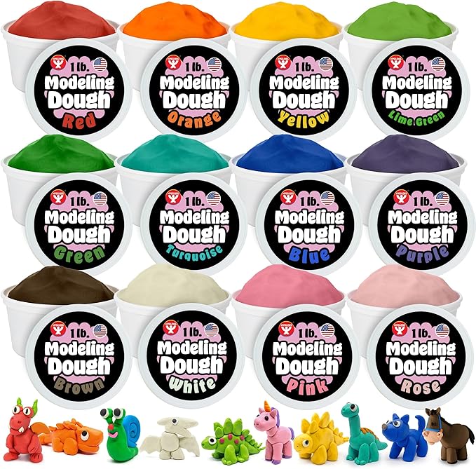 Hygloss Play Modeling Dough for Kids – Safe & Non-Toxic Sensory Dough for Arts and Crafts – 1 lb Tub – Play Clay for Toddler Activities, Preschool Classroom Must-Haves – 12 Assorted Colors, Unscented