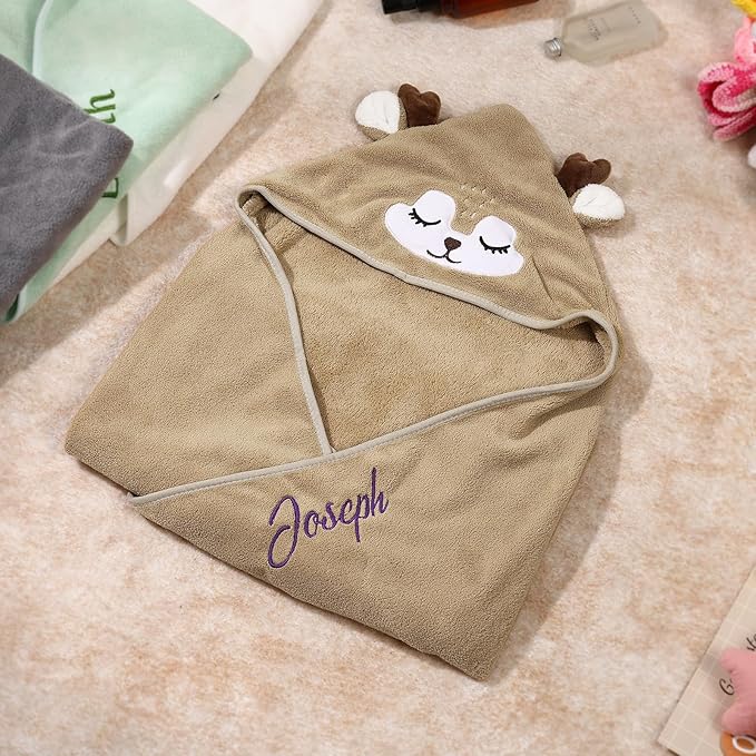 Personalized Baby Towels for Newborn Custom Embroidery Name Hooded Baby Bath Towels for Boy Girl Newborn Essentials Must Haves Shower Gift Soft Coral Velvet 30"x30" (Brown)