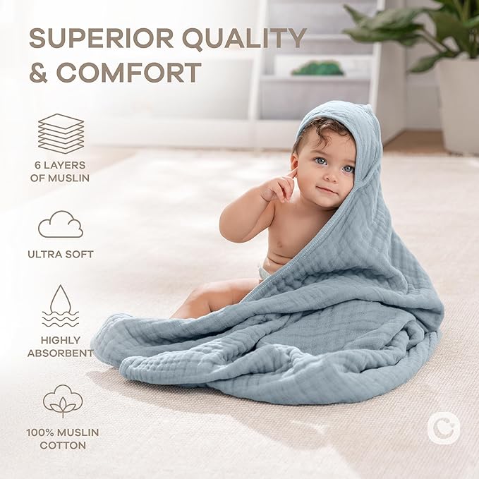 Comfy Cubs Hooded Baby Towel 2-Pack, Large 32 x 32 Inch - 6 Layer 100% Muslin Cotton for Babies, Toddlers, Kids - Soft & Absorbent Baby Bath Towels - Unisex Design for Bath Time, Pacific Blue and Fern