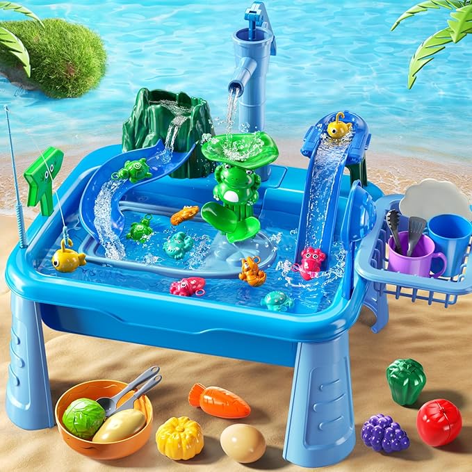 Water Table Play Sink Toy for Kids 2 3 4 5 6 Years Old - Outdoor Kitchen with Running Water, Fishing Games, Toddler Water Play Table for Kids Ages 3-8, Beach Outdoor Toys, Summer Gifts