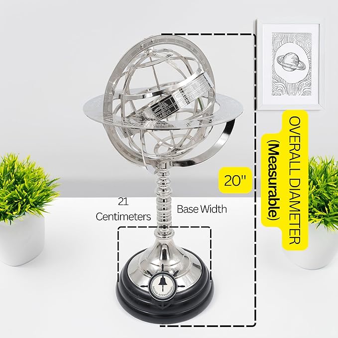 Nagina International Antique Vintage Zodiac Armillary Brass Sphere Globe Wooden Display | Pirate's Antique Ship Decor (XL, Nickel Plated)