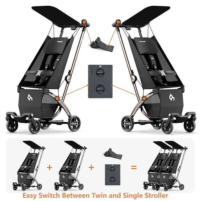 Beberoad Love R1 Auto-Folding Ultra Lightweight Double Stroller Twin Strollers, Side by Side Stroller for Babies and Toddlers Aged 6-36 Months, Only 23.5 lbs, Can Turn into Two Single Strollers, Black