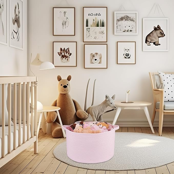 Large Cotton Rope Basket Blankets Basket Living Room 22"x14" Toy Baskets for Kids and Dogs Rope Storage Baskets for Nursery Woven Laundry Baskets for Clothes Towels Baby Toy Storage Round pink