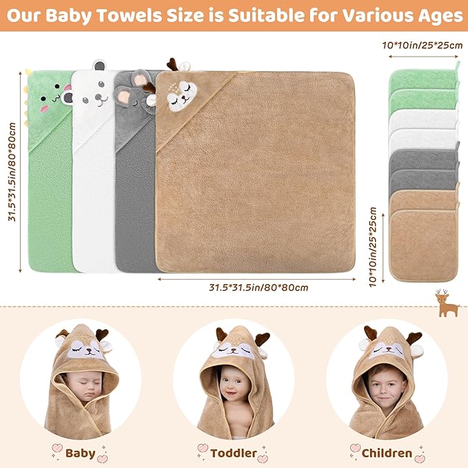 CandyHome 12 PCS Baby Bath Towels Set for Infants Toddlers, 4 PCS Animal Hooded Baby Towels & 8 PCS Washcloths Set, Ultra Absorbent Cute Soft Newborn Essentials Gift for Boys & Girls