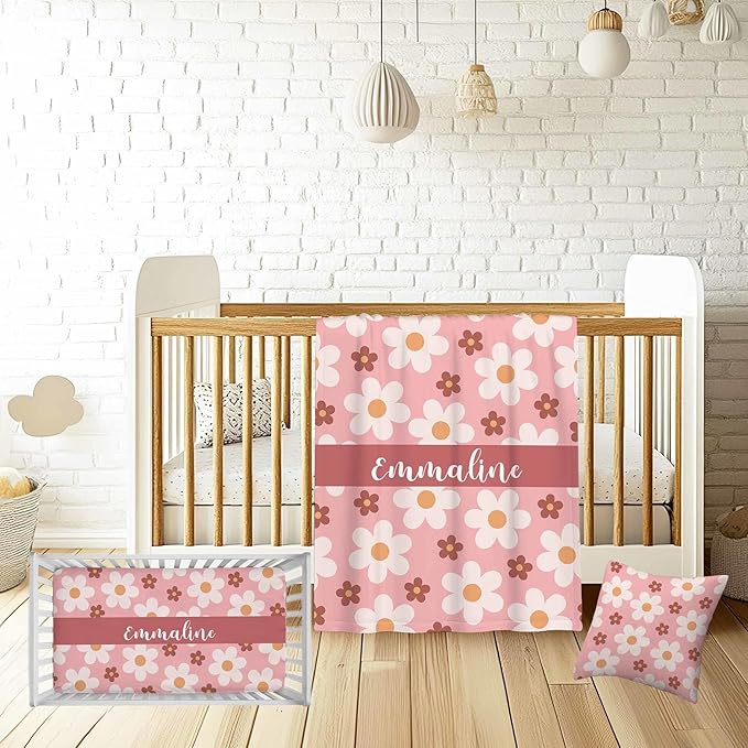 Custom Name Crib Bedding Set for Baby Girls – Personalized Pink Flower 3-Piece Nursery Bedding with Blanket, Fitted Sheet & Pillowcase – Baby Infant Toddler Shower Gift
