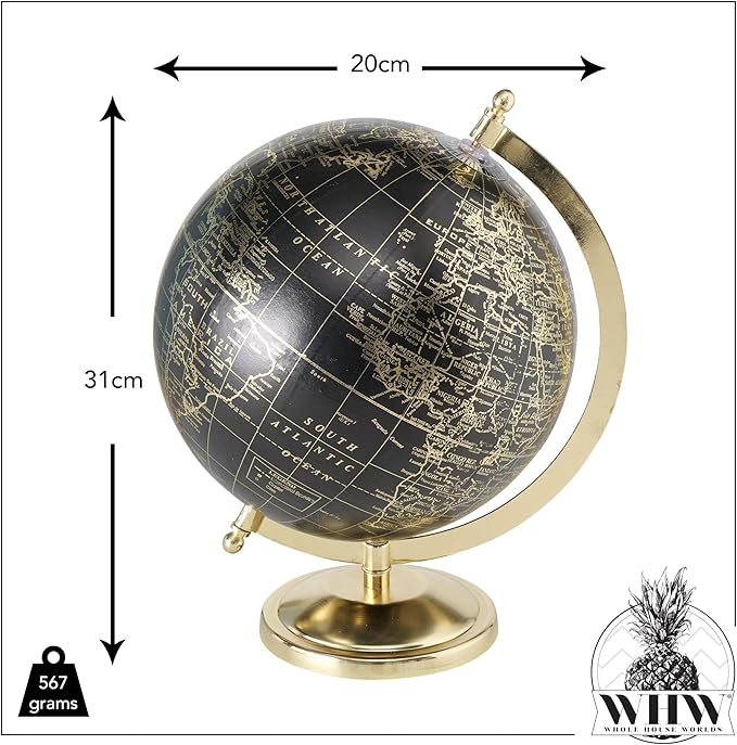 Explorers Globe, Incised Details, Black With Gold Accents, Mapped with Locations, Longitude and Latitude, Resin, Crescent Stand Mounted, Circular Gallery Base, 12.25 Inches Tall
