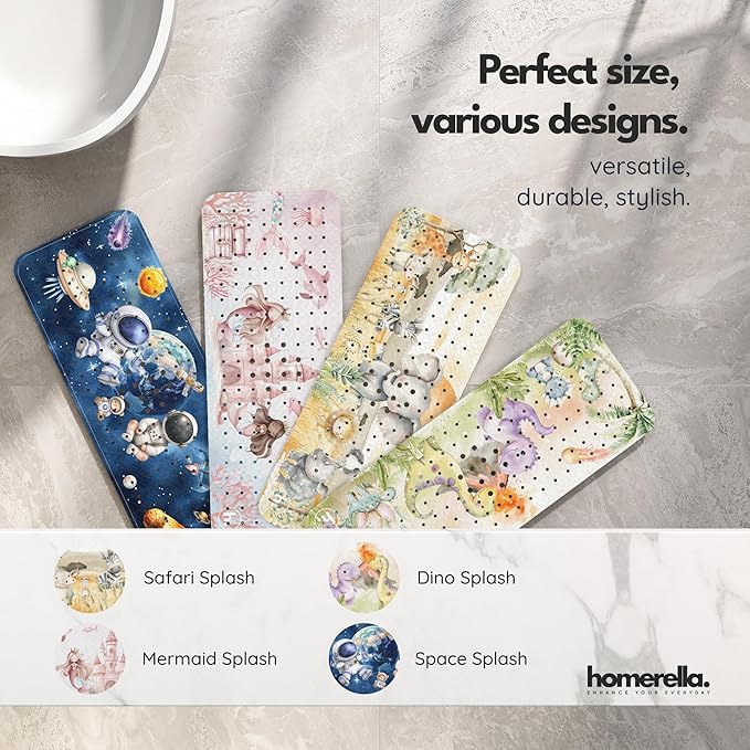 Homerella Baby Bath Tub Mat | Anti Mold Mildew Resistant Non Slip Kids and Adult Bath Tub Shower Mats | 40x16 inch Long with Suction Cups for Secure Grip Hooks for Storage & Drying | Machine Washable