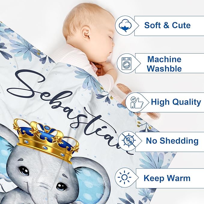 J&SBGFT Personalized Baby Blanket for Boys, Custom Name Blanket for Toddlers, Boys Stroller Crib Decor Throw, Blue Elephant