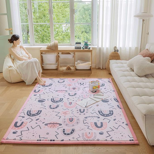 Loartee Rainbow Kids Play Mat - 1" Thick Baby Nursery Rug, Soft Crawling for Toddlers, Coral Velvet Memory Foam Tummy Time, Pink, 59"x59"
