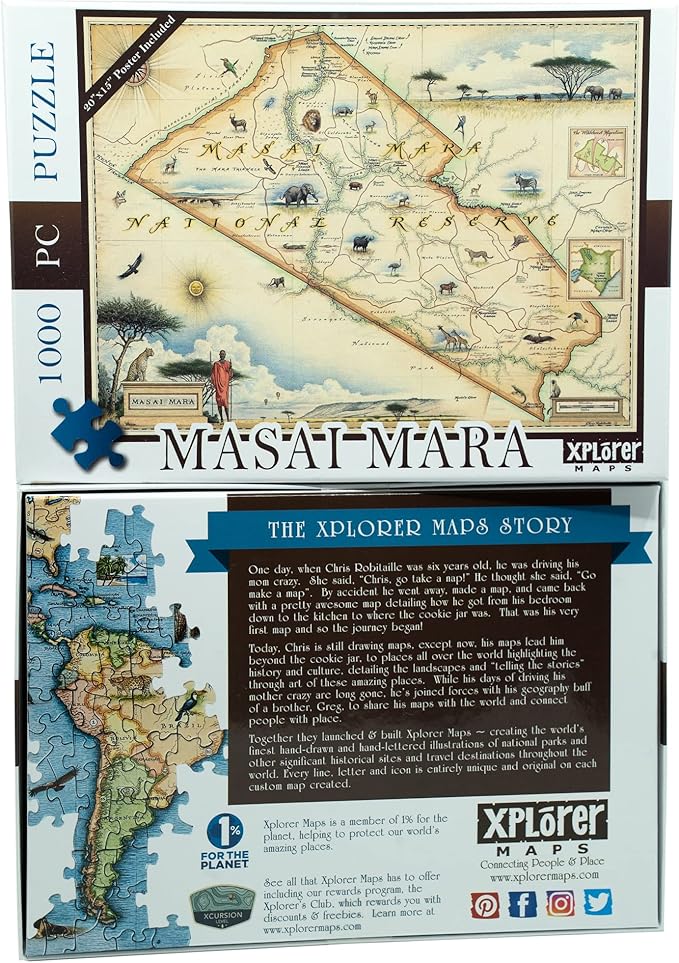 Masai Mara National Reserve Map Cardboard Jigsaw Puzzle - 1000 Pieces, Hand-Illustrated - Educational, Family Activity, Ages 7+, Includes Poster - 25.4 x 19.8