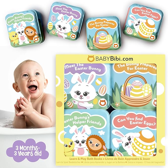 Easter Bath Book Set for Babies & Toddlers – 4 Colorful, Soft, and Waterproof Bath Books with Bunny & Animal Friends – Fun Bath Toys & Basket Stuffers – Perfect for Easter & Baby Showers