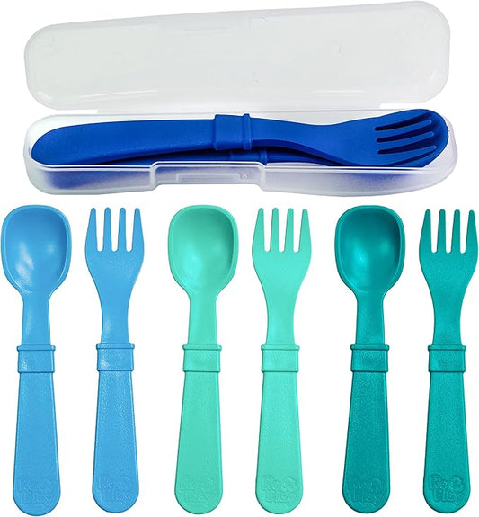 Re-Play Toddler Forks and Spoons Set - 4x4 Utensils Set for Kids - Dishwasher and Microwave Safe - Made in USA - Set of 8-5.8" x 1.2" x 0.2" - A True Blue
